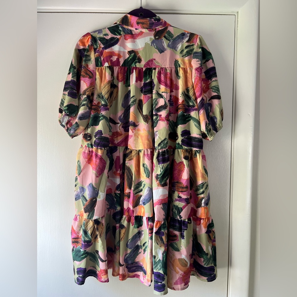 Floral Brushstroke Tiered Shirt Dress - Pink & Green - Picture 8 of 8